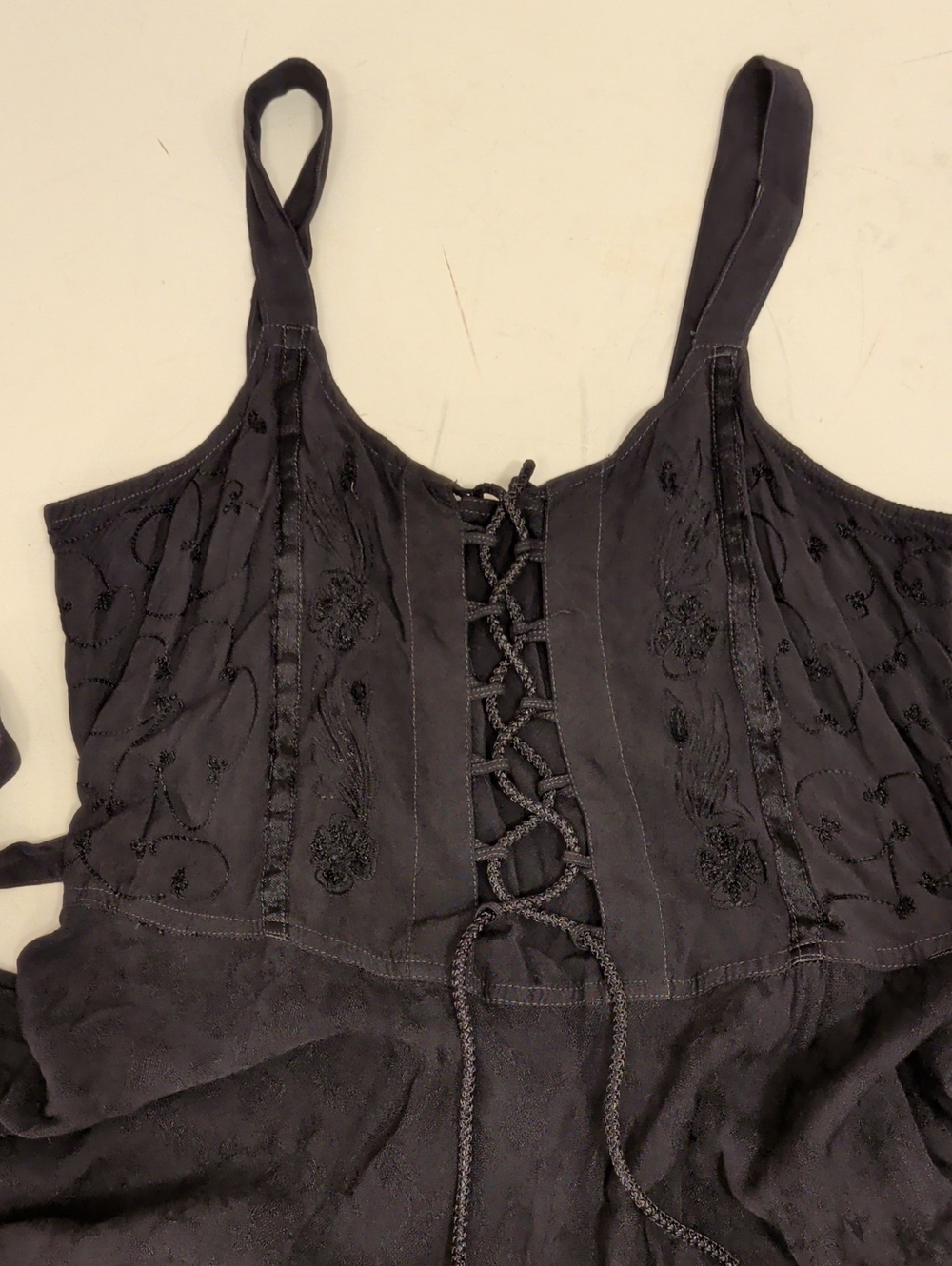 Bohemian Sleeveless Corset Lace Midi Dress Embroidered Vintage Black Full Skirt - Picture 16 of 16